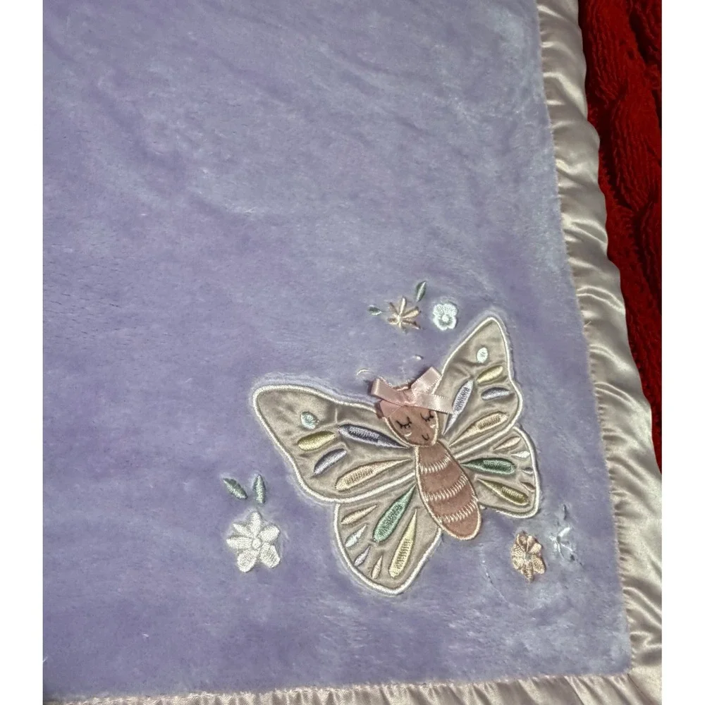Lullaby Lane Purple Butterfly Baby Blanket Pink Satin Ruffle Trim Plush Fleece